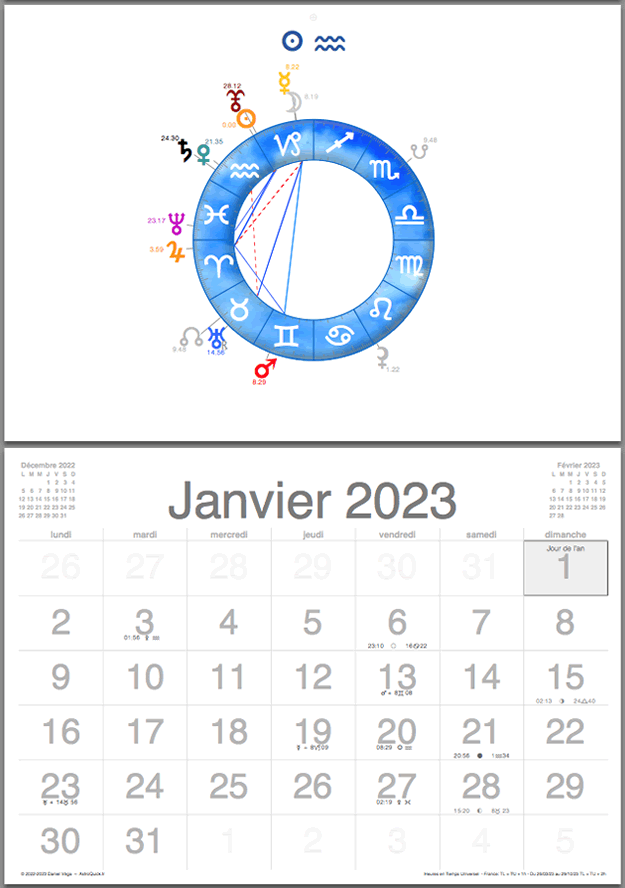 Calendrier astrologique 2023 format A4 horizontal (affichage mural) par Daniel VEGA