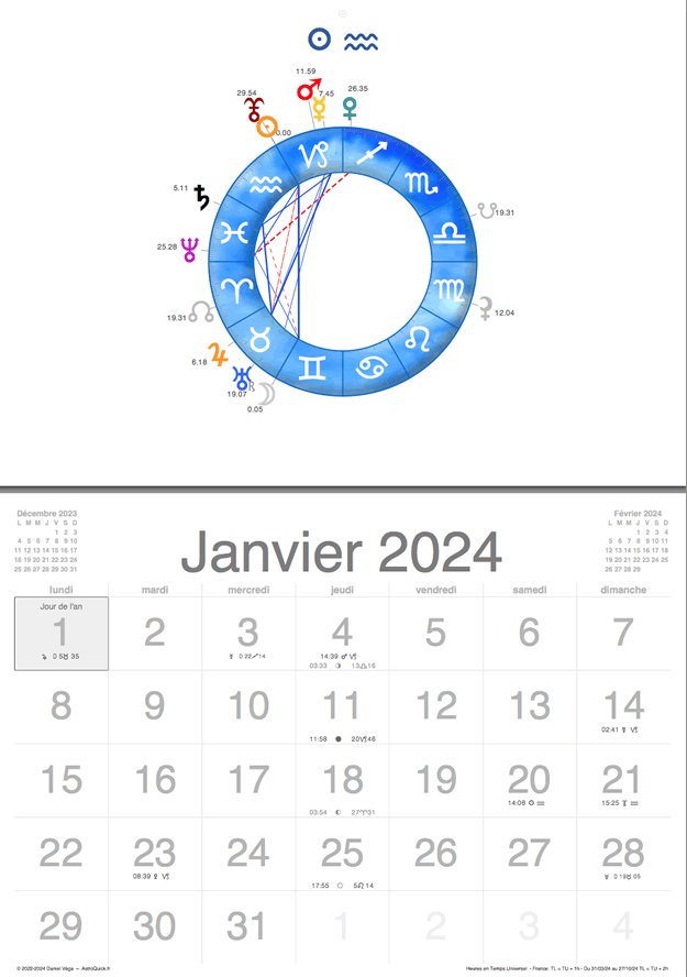 Calendrier astrologique 2024 format A4 horizontal (affichage mural) par Daniel VEGA
