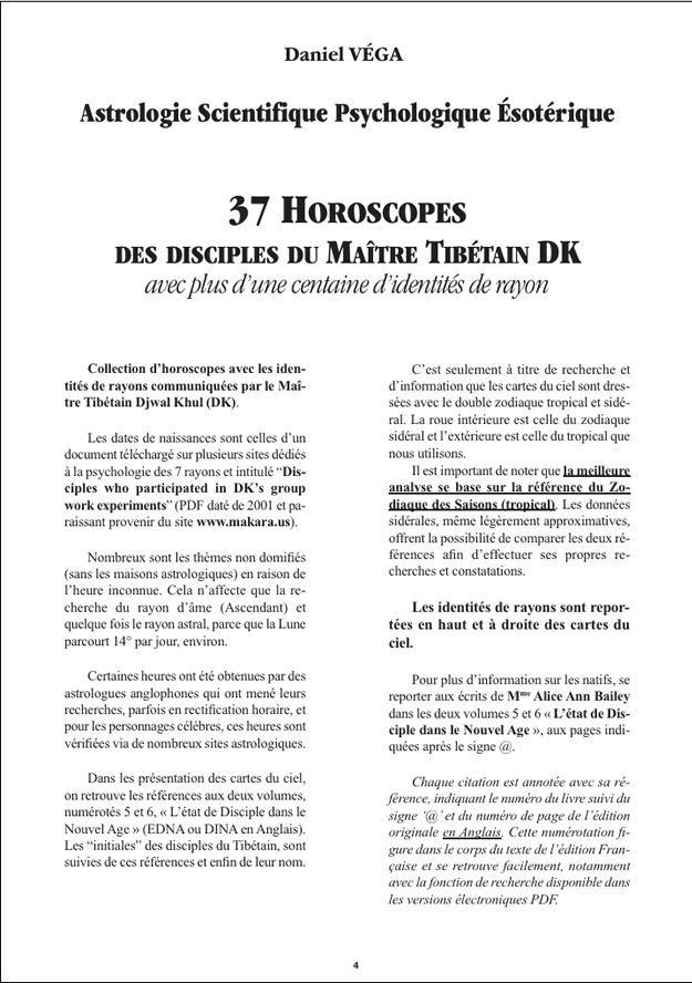 page 4 ASPE : 37 horoscopes des disciples du Maître Tibétain DK avec plus d'une centaine d'identits de rayon