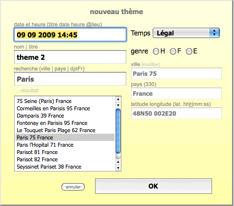 Saisie des coordonn&eacute;es de naissance Astrologie AstroQuick Web