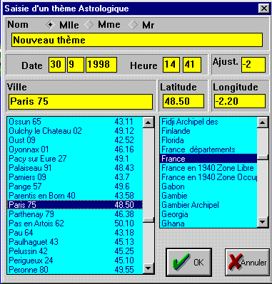 Dialogue de saisie des coordonnées astrologiques logiciel d'astrologie Astroquick PC