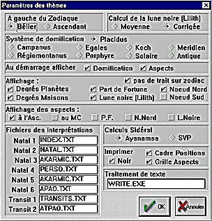 Parametres des thèmes astrologiques Astro PC BASIC windows
