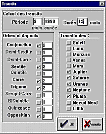 Réglages des transits planétaires Astro PC windows astro Basic