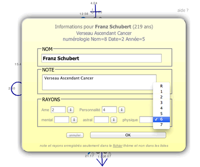 edition des informations note et rayons theme astral