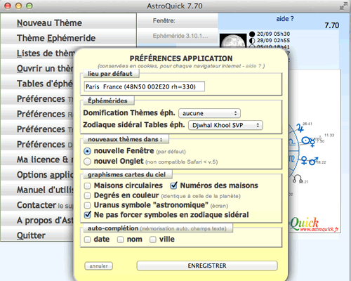 fenetre astroquick preferences app