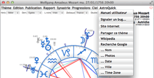 menu astroquick logiciel d'astrologie